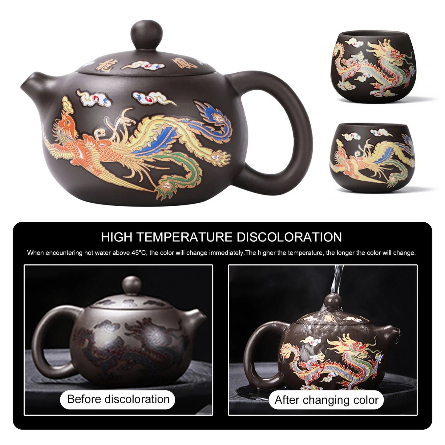 Handmade Dragon & Phoenix Purple Clay Teapot – Color-Changing Elegant Gift