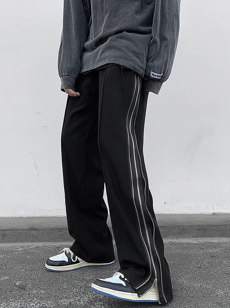 Men’s Straight-Leg Parachute Pants – Y2K Streetwear with Side Zipper